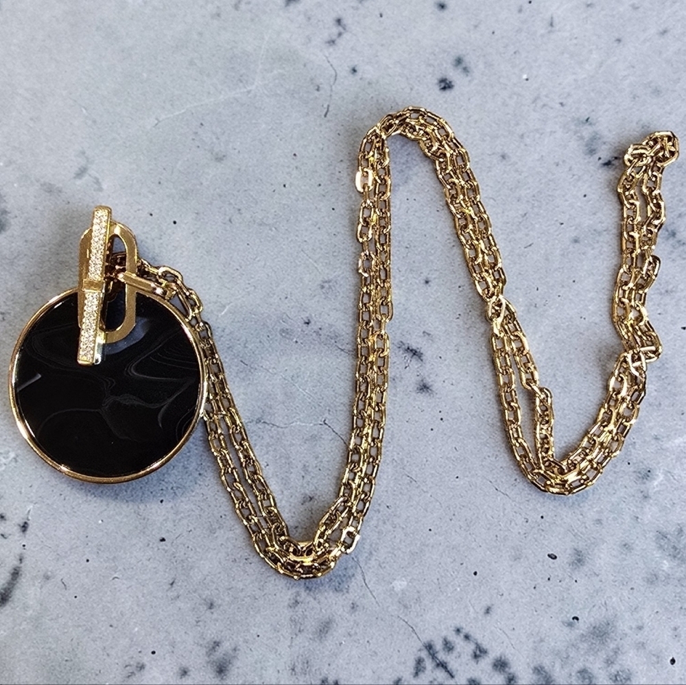 Michael Kors Gold Tone Pave & Black Agate Pendant Necklace